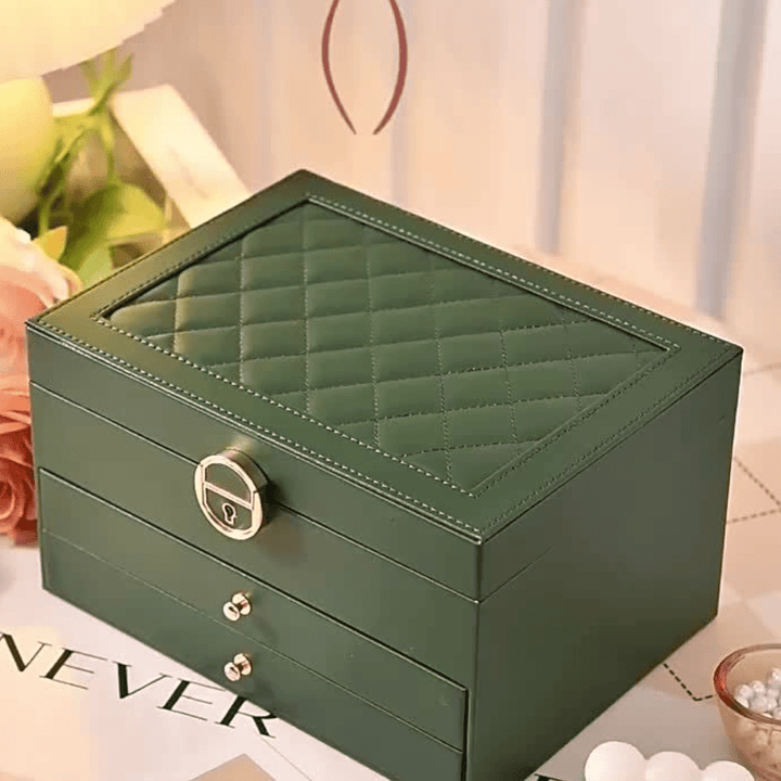 "Luxe sieraden organizer box met vakken voor kettingen, ringen en armbanden, elegant en praktisch ontwerp."