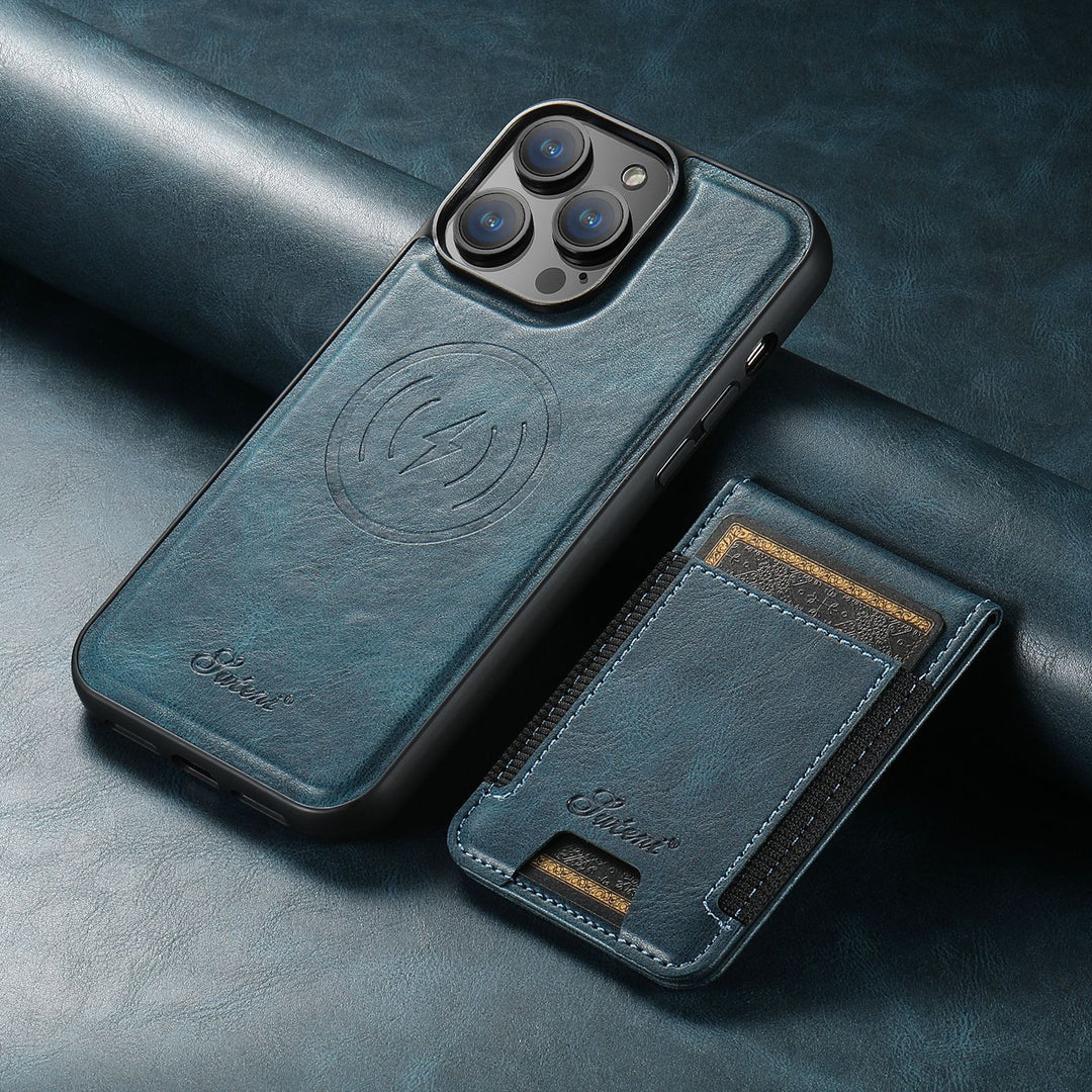 "Luxe telefoonhoes met kaarthouder en magnetische standaard, stijlvol ontwerp, duurzaamheid in zwart en blauw"
