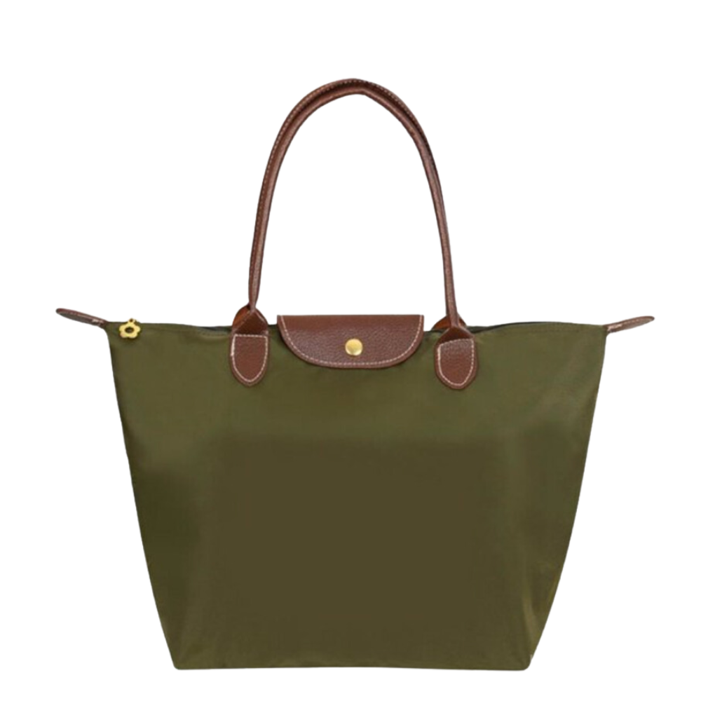 "Luxe waterafstotende nylon draagtas met chic design en leren accenten, perfect voor dagelijks gebruik en stijlvolle gelegenh