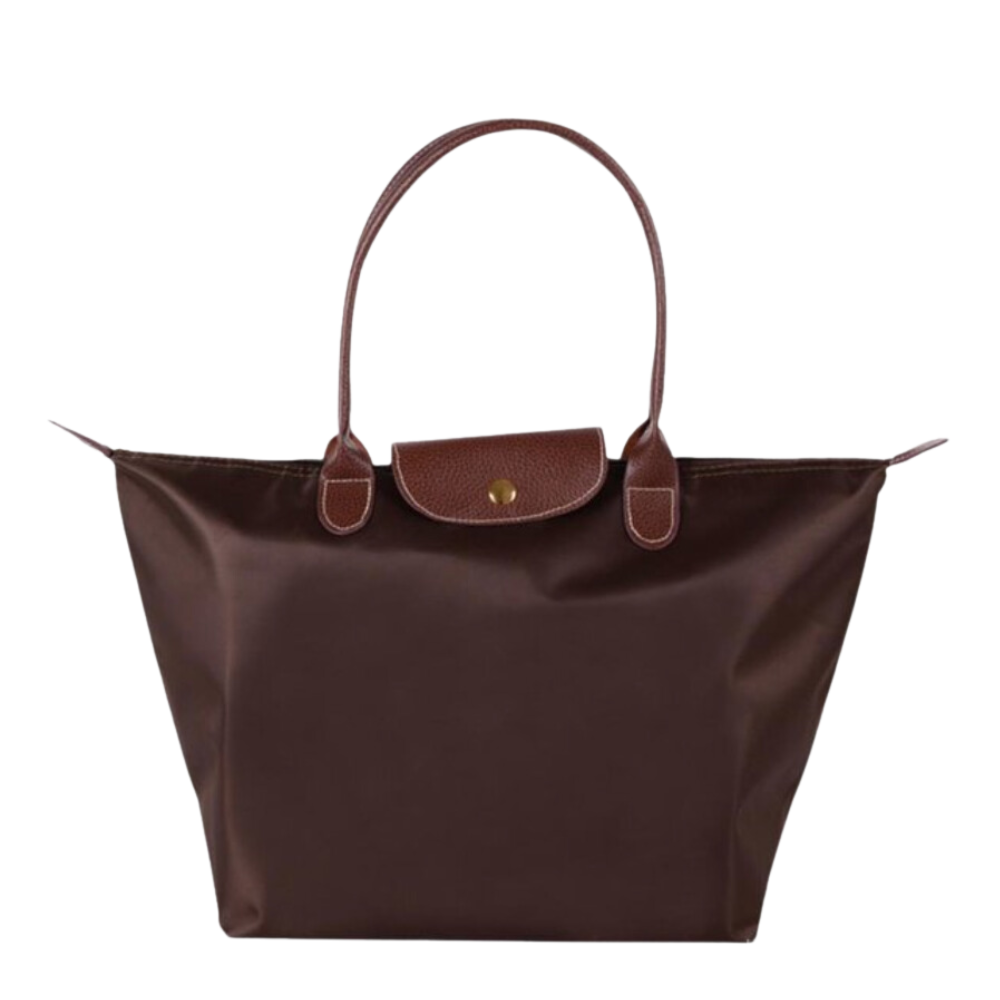 "Luxe waterafstotende nylon draagtas met chic design en leren accenten, perfect voor dagelijks gebruik en stijlvolle gelegenh