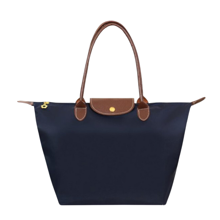 "Luxe waterafstotende nylon draagtas met chic design en leren accenten, perfect voor dagelijks gebruik en stijlvolle gelegenh