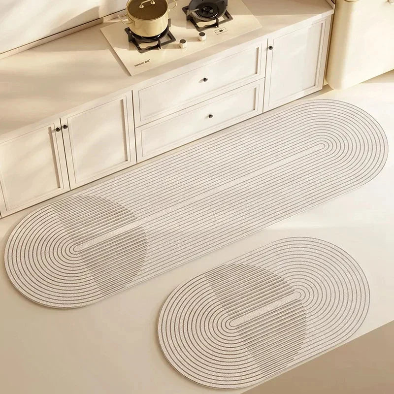 "LuxeFit keukenmat met antislip en super absorberend vermogen, minimalistisch design, grijstint, veiligheid en comfort"