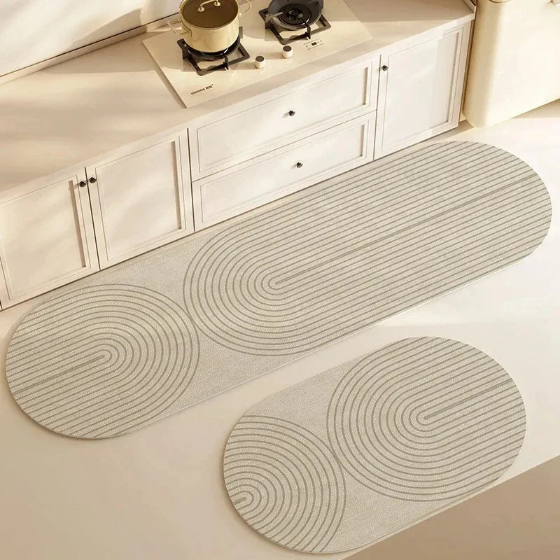 "LuxeFit keukenmat met antislip en super absorberend vermogen, minimalistisch design, grijstint, veiligheid en comfort"
