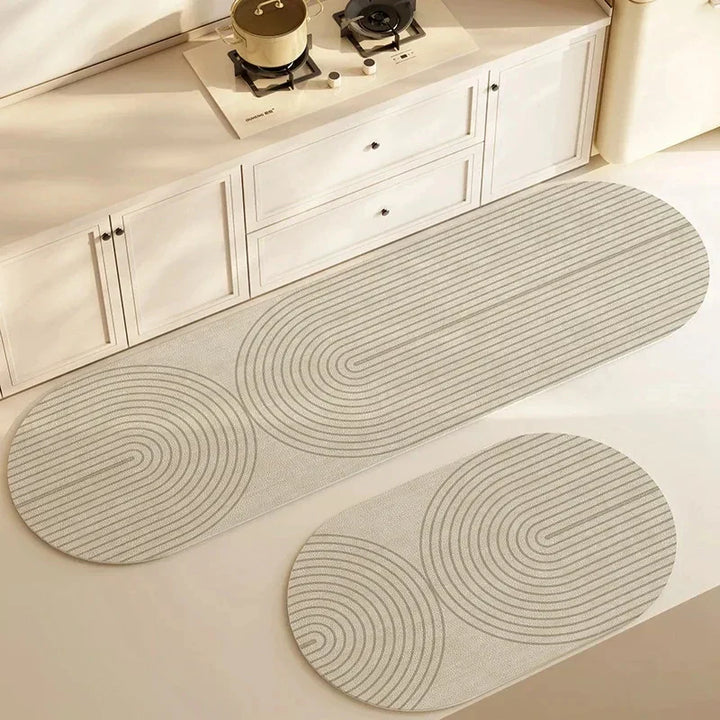 "LuxeFit keukenmat met antislip en super absorberend vermogen, minimalistisch design, grijstint, veiligheid en comfort"