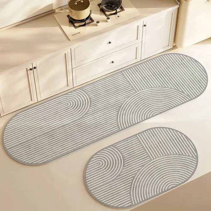 "LuxeFit keukenmat met antislip en super absorberend vermogen, minimalistisch design, grijstint, veiligheid en comfort"