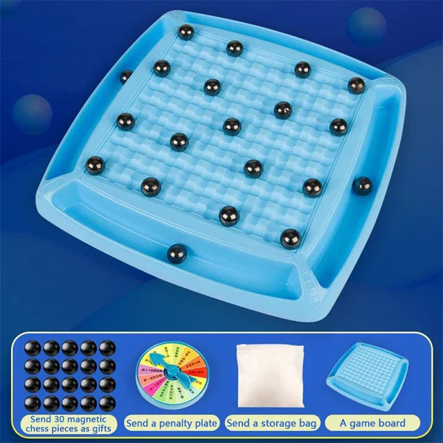 "Magnetisch schaakbord met stevige magneten, compact ontwerp, zwart-wit vakken en sterke stukken voor reisavonturen."