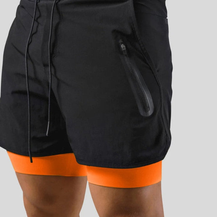"Mauro 2-in-1 sportbroek heren, zwart, shorts met ingebouwde compressielegging, functionele zakken, elastische tailleband."