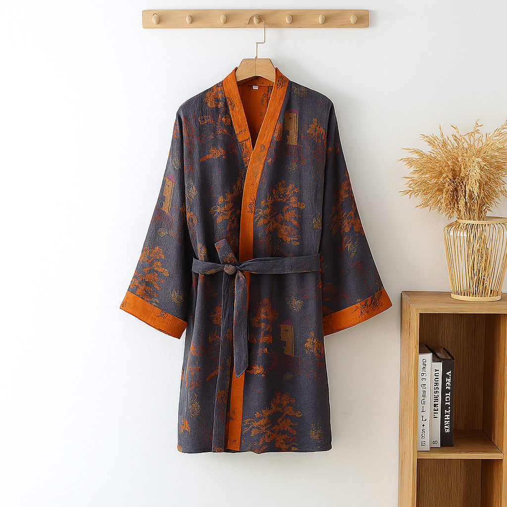Middellange heren kimono van ademend katoen met V-hals en riem, lichtgewicht stof, stijlvol jacquardweefsel.