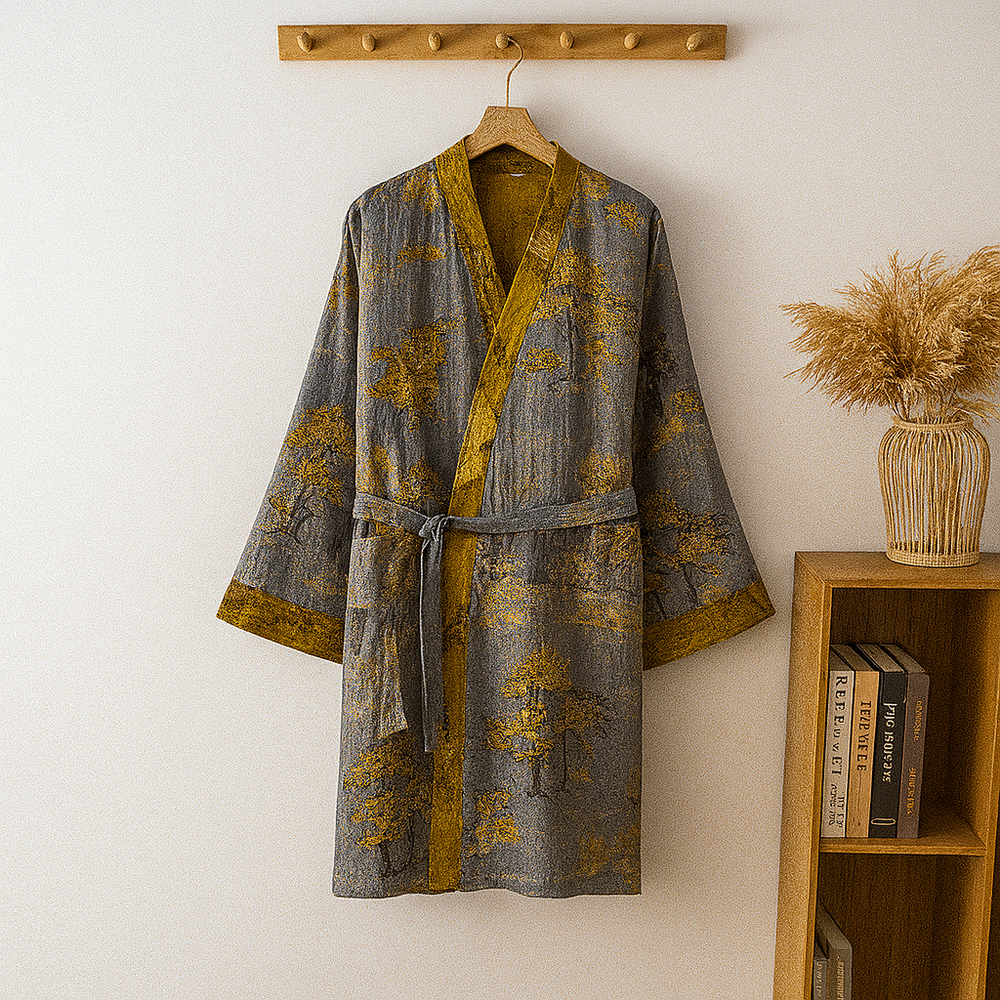 Middellange heren kimono van ademend katoen met V-hals en riem, lichtgewicht stof, stijlvol jacquardweefsel.