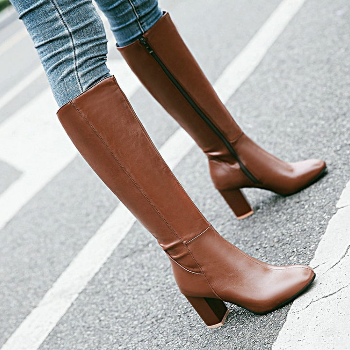 "Mila ritslaarzen voor dames, elegante hoge laarzen met ritssluiting en stabiele hak, verkrijgbaar in beige, bruin, zwart."