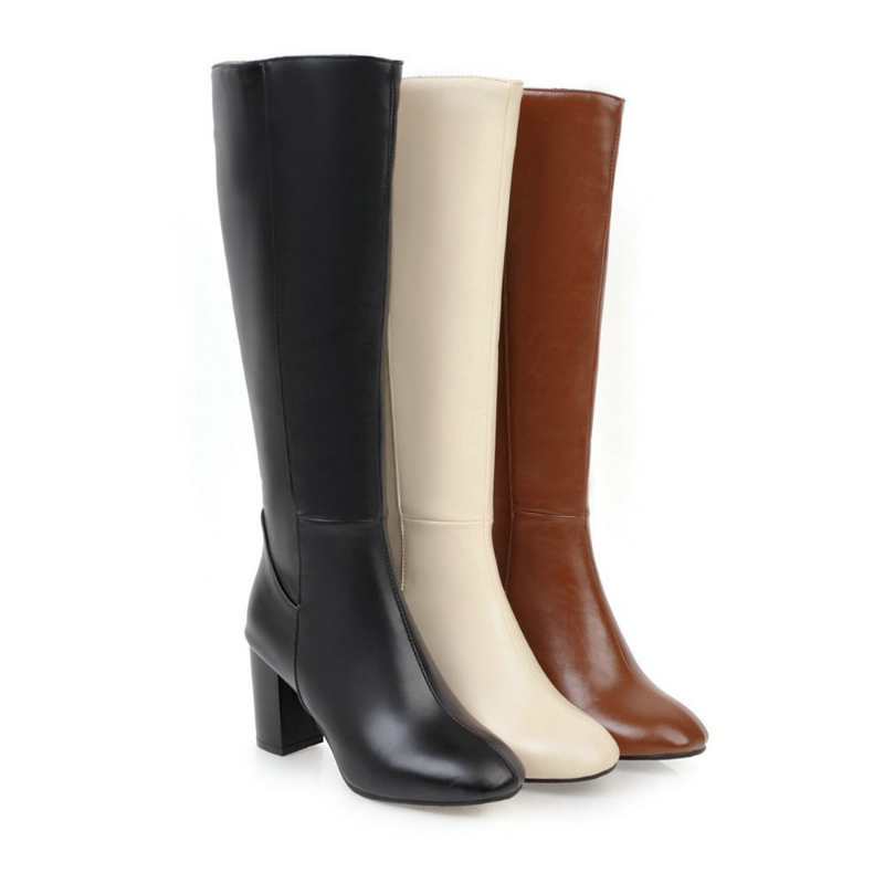 "Mila ritslaarzen voor dames, elegante hoge laarzen met ritssluiting en stabiele hak, verkrijgbaar in beige, bruin, zwart."