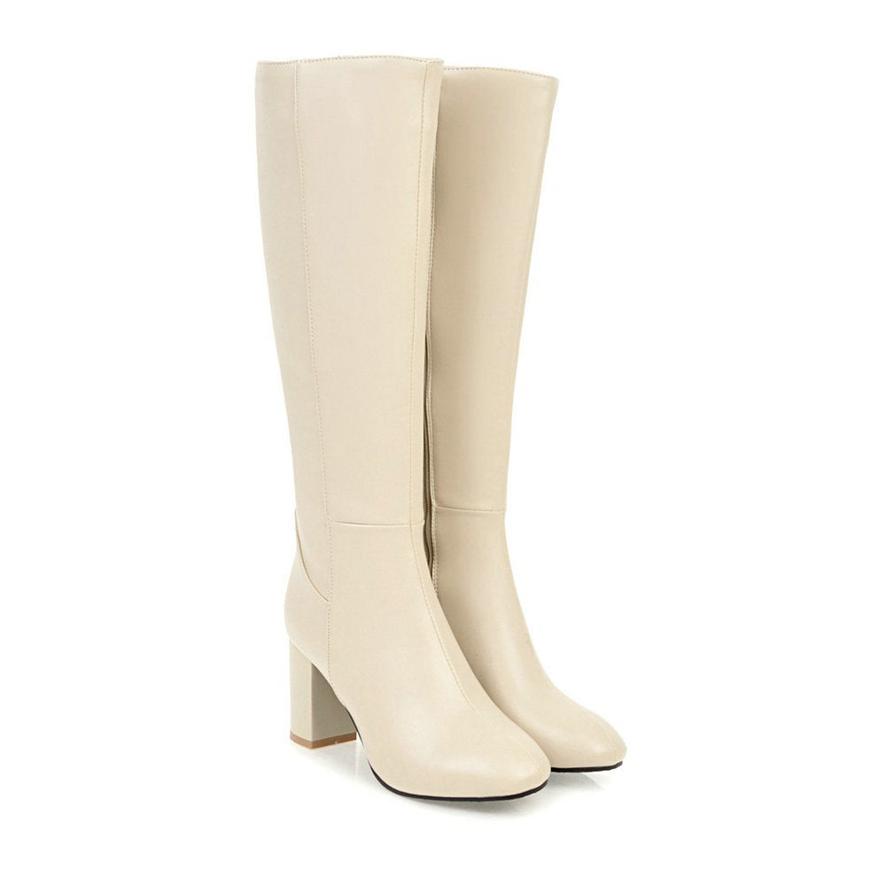 "Mila ritslaarzen voor dames, elegante hoge laarzen met ritssluiting en stabiele hak, verkrijgbaar in beige, bruin, zwart."