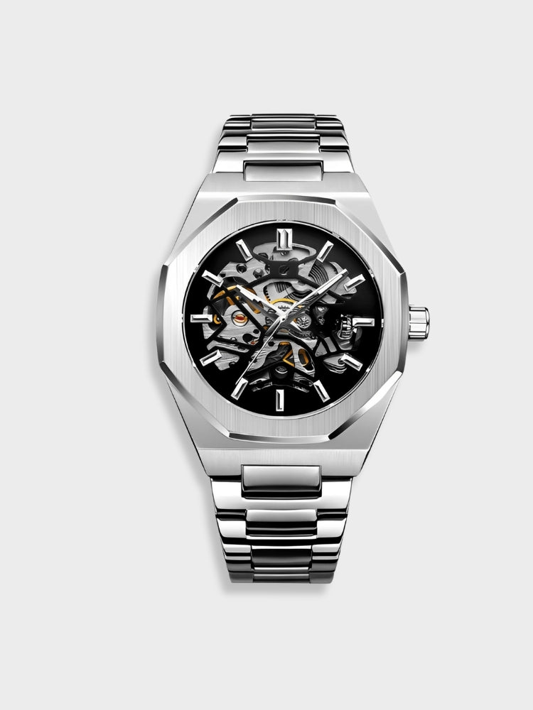 "Modern elegant herenhorloge met roestvrijstalen band, transparante wijzerplaat en open design. Tijdloos en stijlvol accessoi