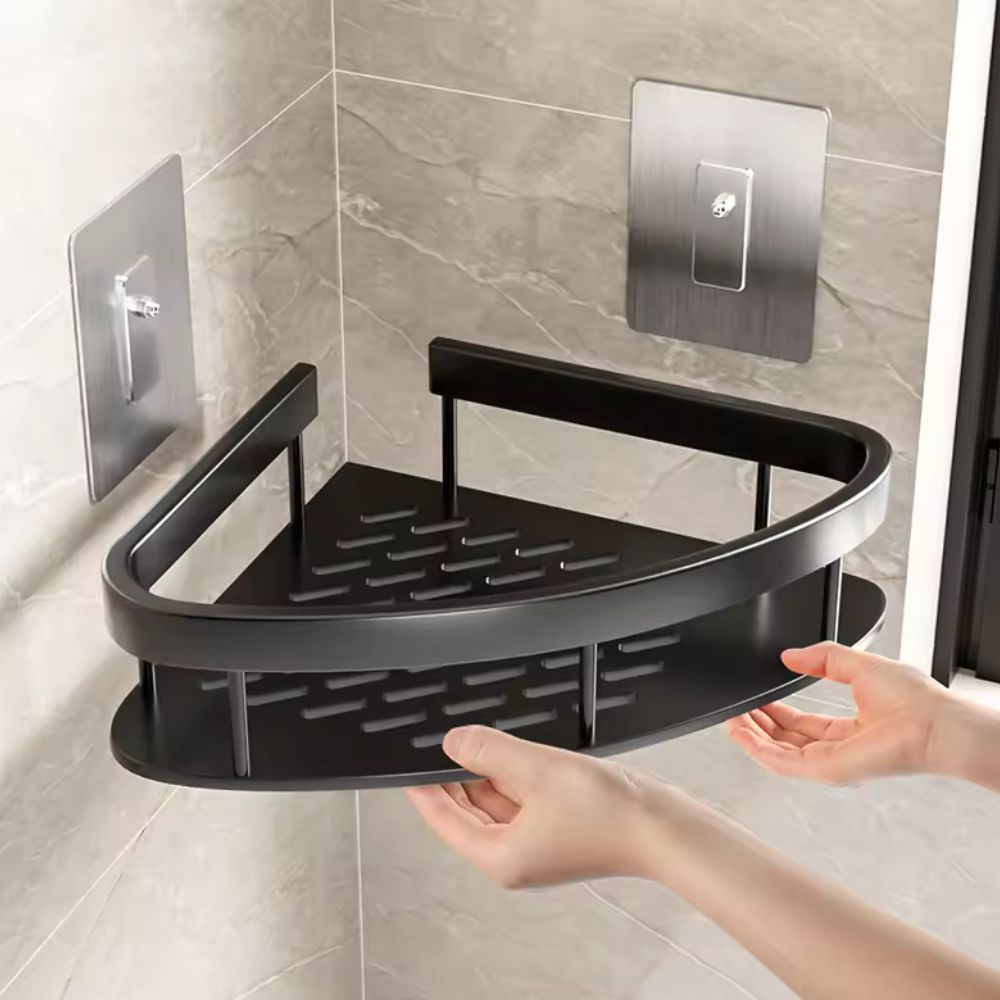 "Moderne aluminium doucheplank met zelfklevend, roestvrij ontwerp, open frame en verstelbare haak, perfect voor de badkamer."