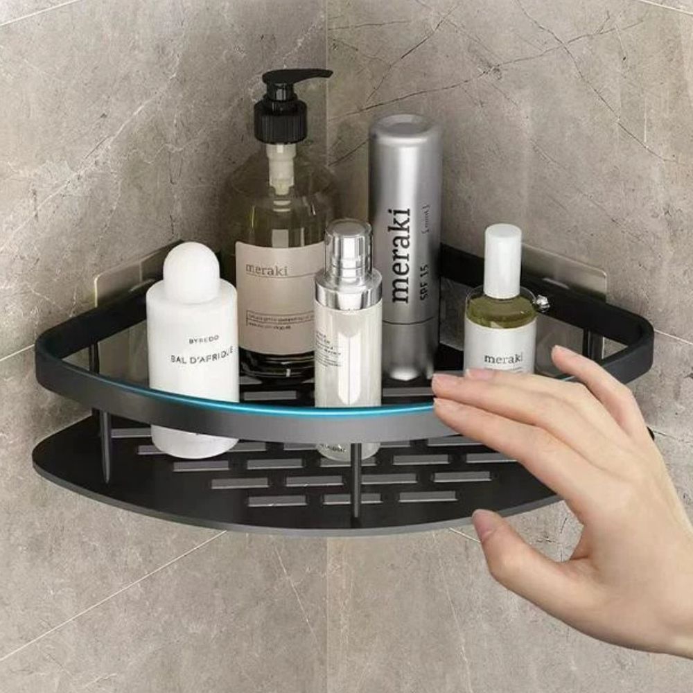 "Moderne aluminium doucheplank met zelfklevend, roestvrij ontwerp, open frame en verstelbare haak, perfect voor de badkamer."