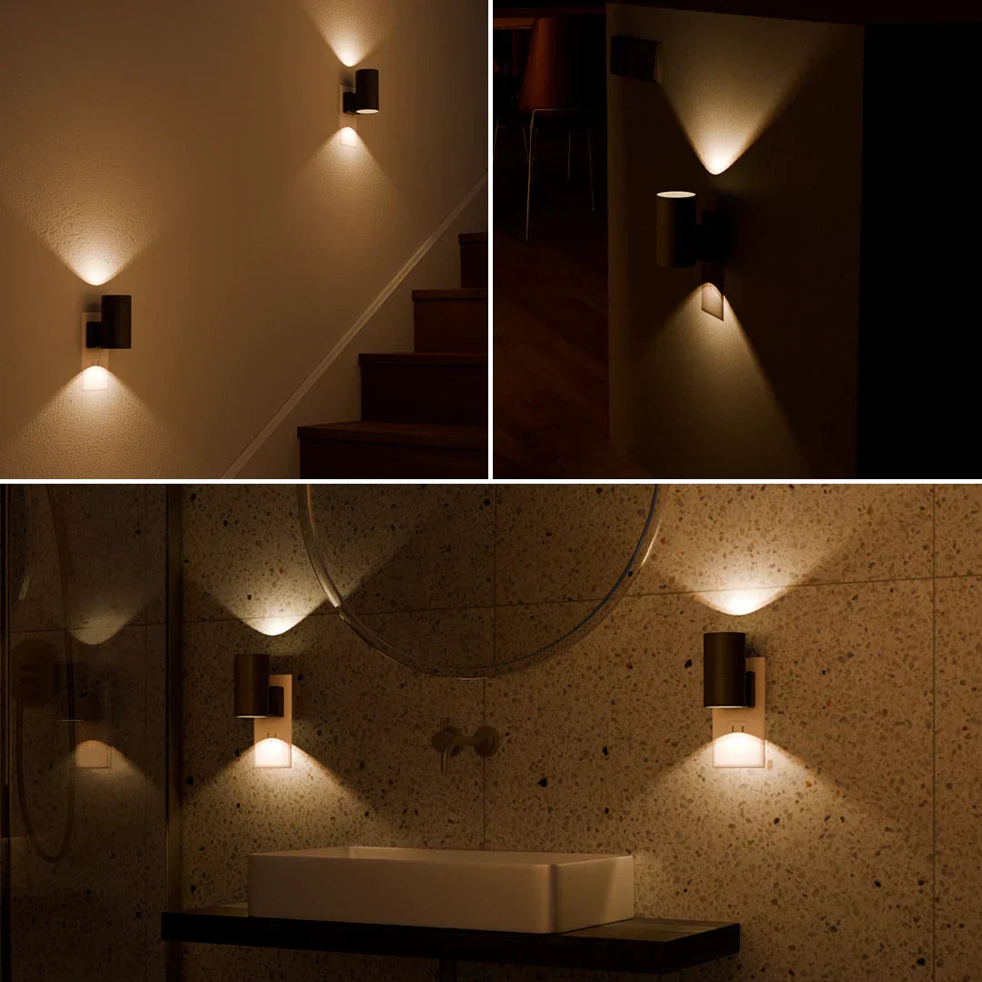 "Moderne dimbare nachtlamp met LED licht en dag-nachtsensor, zwart/wit ABS, elegant ontwerp voor slaapkamer en badkamer."