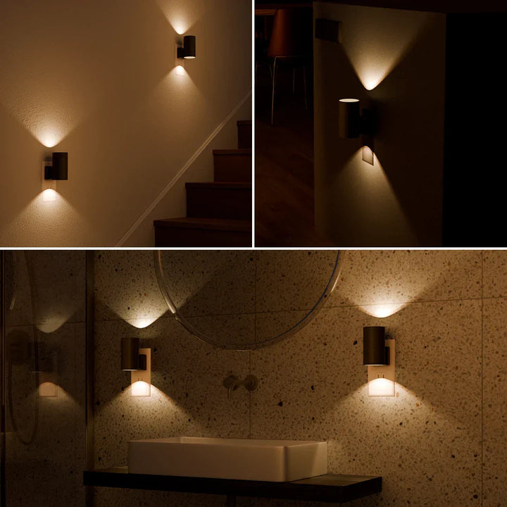 "Moderne dimbare nachtlamp met LED licht en dag-nachtsensor, zwart/wit ABS, elegant ontwerp voor slaapkamer en badkamer."