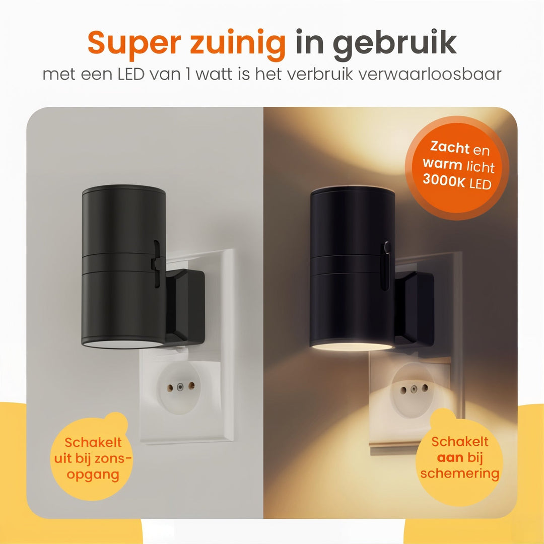 "Moderne dimbare nachtlamp met LED licht en dag-nachtsensor, zwart/wit ABS, elegant ontwerp voor slaapkamer en badkamer."