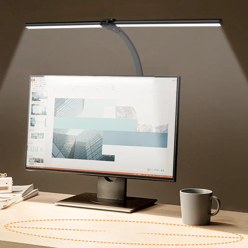 "Moderne dubbele LED bureaulamp met slank zwart ontwerp en verstelbare verlichting voor thuis- of kantoorwerkplek"