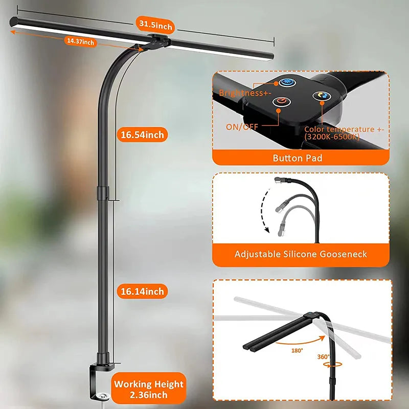 "Moderne dubbele LED bureaulamp met slank zwart ontwerp en verstelbare verlichting voor thuis- of kantoorwerkplek"