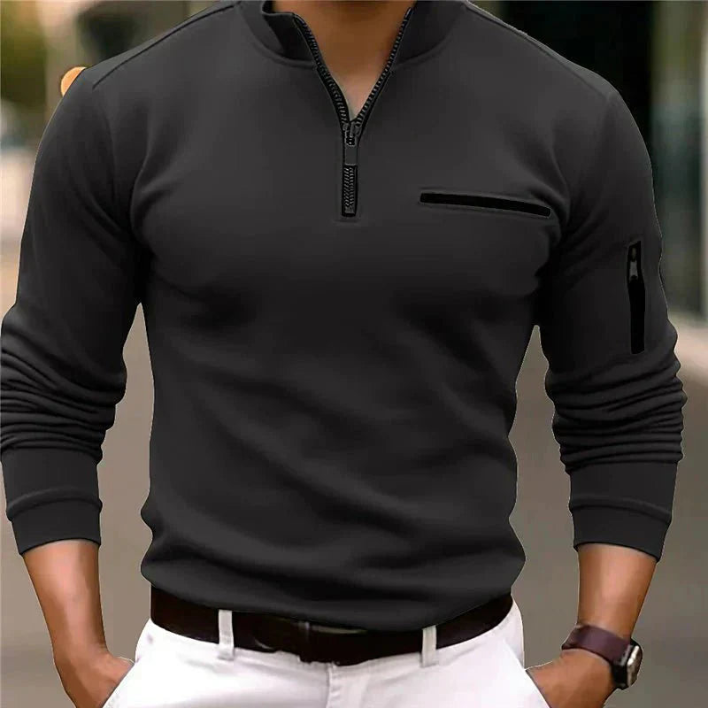 "Moderne heren zip-up trui met comfortabele borstzak en getailleerd ontwerp in zwart, geschikt voor dagelijks gebruik."