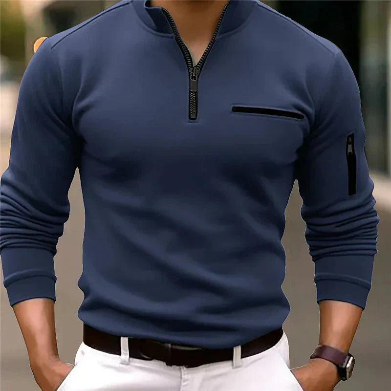 "Moderne heren zip-up trui met comfortabele borstzak en getailleerd ontwerp in zwart, geschikt voor dagelijks gebruik."