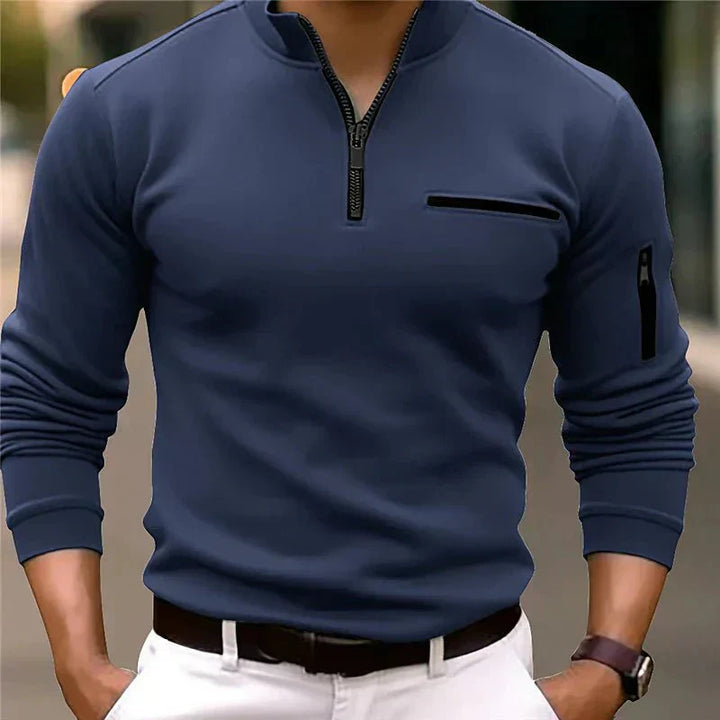 "Moderne heren zip-up trui met comfortabele borstzak en getailleerd ontwerp in zwart, geschikt voor dagelijks gebruik."