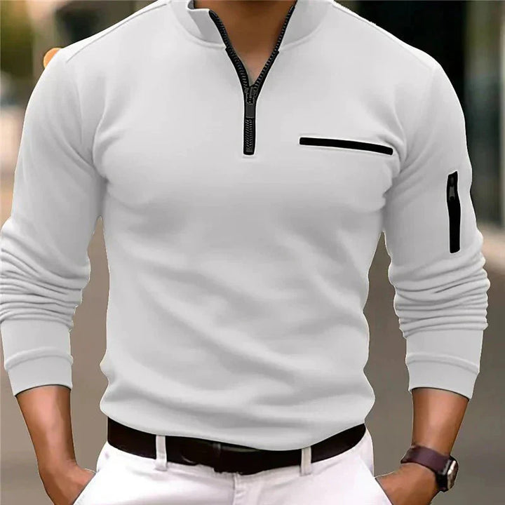 "Moderne heren zip-up trui met comfortabele borstzak en getailleerd ontwerp in zwart, geschikt voor dagelijks gebruik."