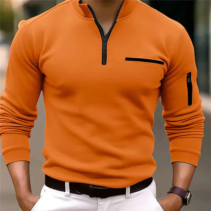 "Moderne heren zip-up trui met comfortabele borstzak en getailleerd ontwerp in zwart, geschikt voor dagelijks gebruik."
