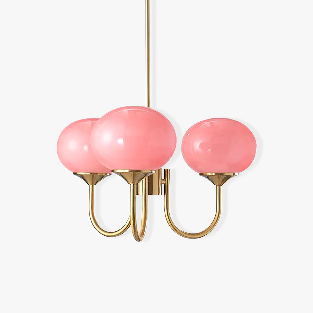 "Moderne kroonluchter met gouden afwerking en roze glazen kappen, geschikt voor LED verlichting in eigentijds interieur."