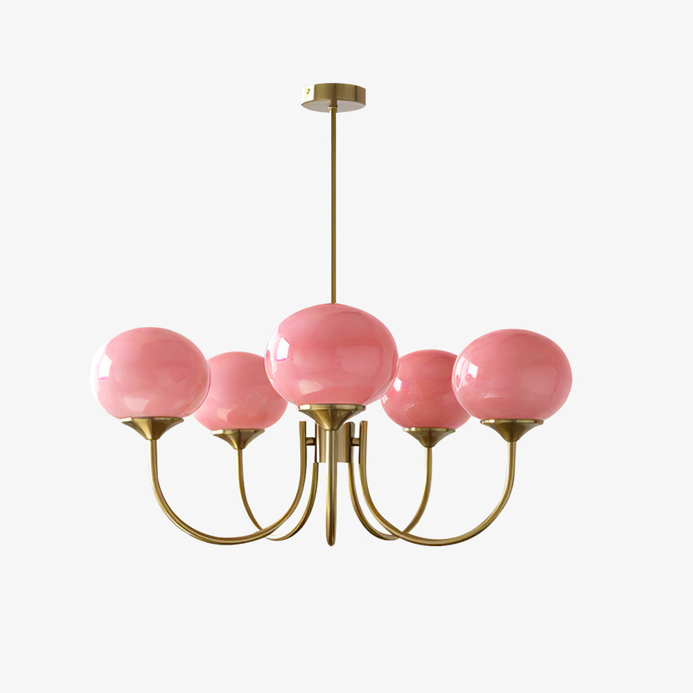 "Moderne kroonluchter met gouden afwerking en roze glazen kappen, geschikt voor LED verlichting in eigentijds interieur."
