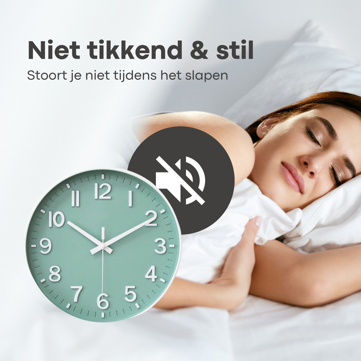 "Moderne stille wandklok, diameter 30 cm, grote cijfers, stijlvol minimalistisch ontwerp voor uitstekende leesbaarheid."