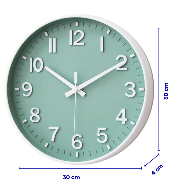 "Moderne stille wandklok, diameter 30 cm, grote cijfers, stijlvol minimalistisch ontwerp voor uitstekende leesbaarheid."