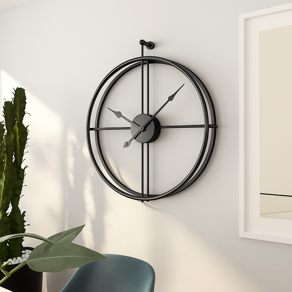 "Moderne zwarte/grijze wandklok met stil quartz uurwerk, elegant en minimalistisch design. Formaat: 55/60 cm diameter."