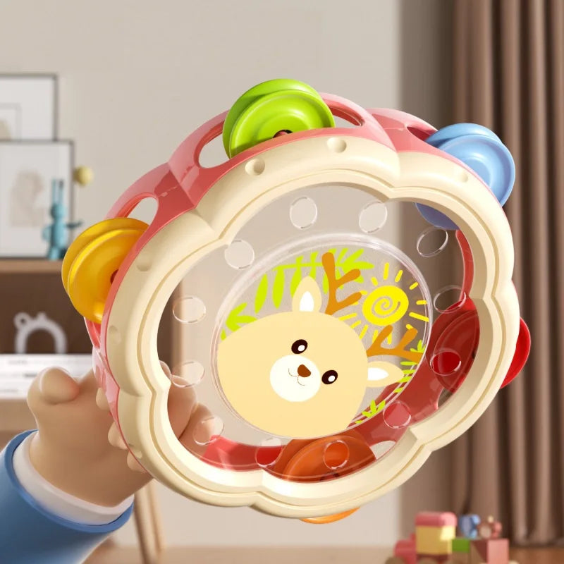 "Montessori muziekinstrument set voor baby's, instrumenten in zachte kleuren, stimuleren creatieve expressie en motoriek."