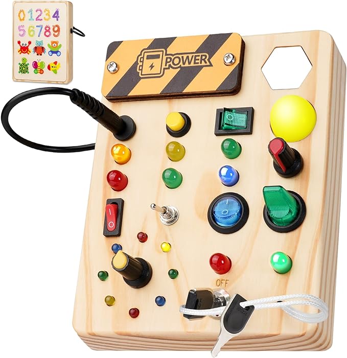 "Montessori Peuter Prikbord met kleurrijke schakelaars en LED-lichten, educatief speelgoed voor creatieve ontwikkeling."