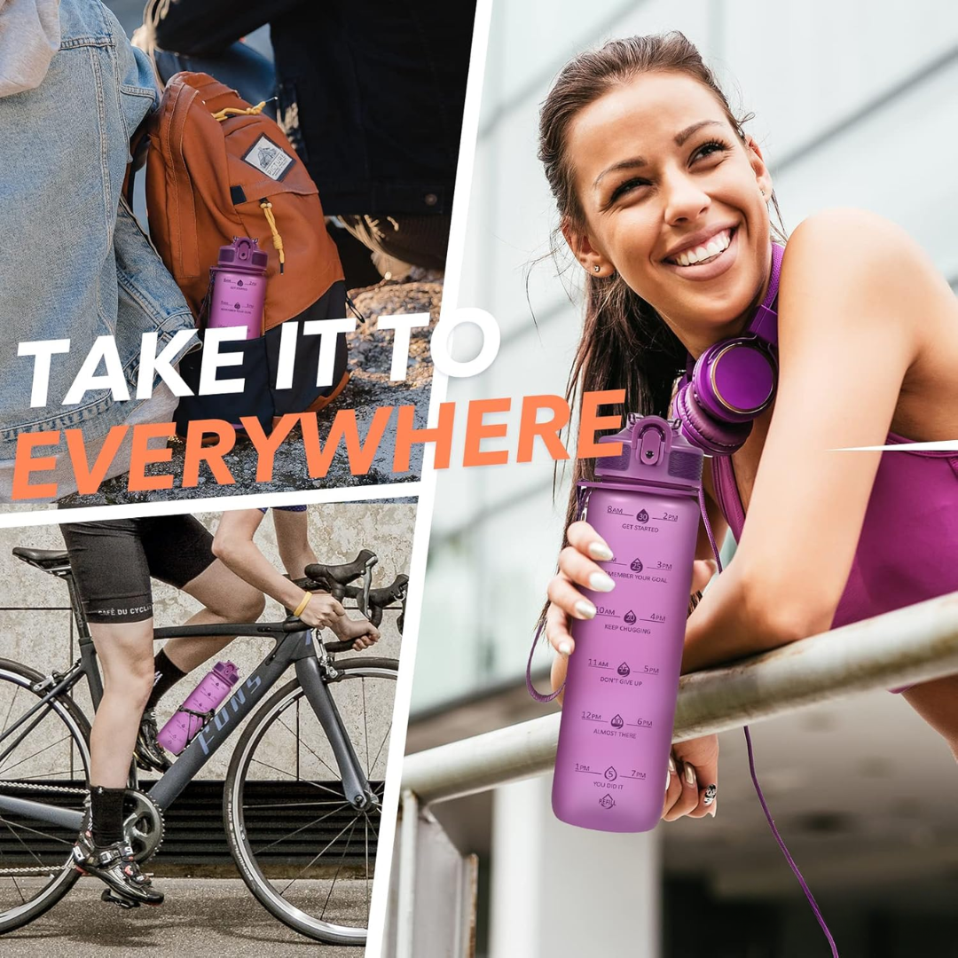 "Motiverende 900ml drinkfles met tijdmarkeringen, lekvrije dop en rietje, BPA-vrij, perfect voor hydratatie en fitness."