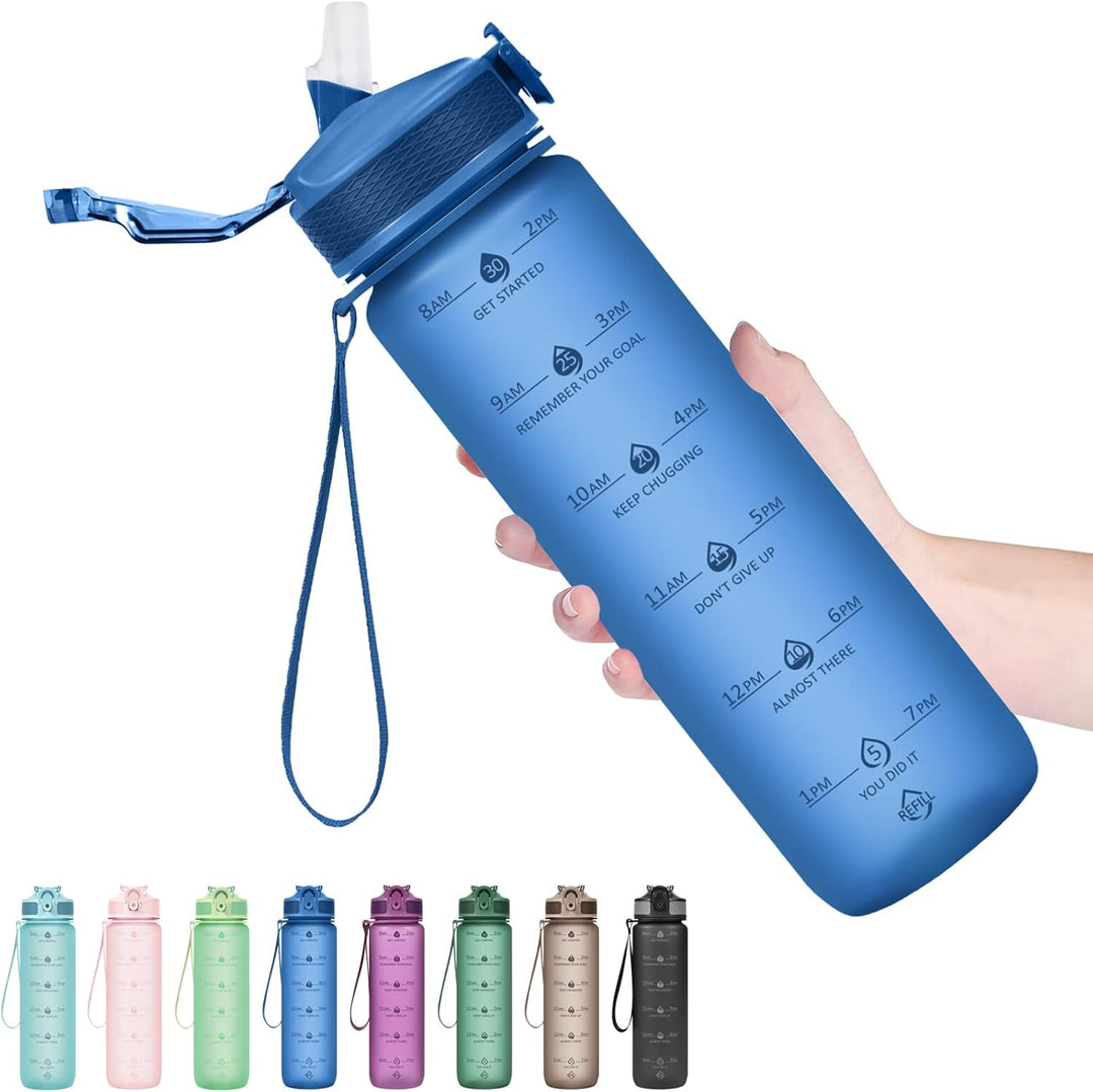 "Motiverende 900ml drinkfles met tijdmarkeringen, lekvrije dop en rietje, BPA-vrij, perfect voor hydratatie en fitness."