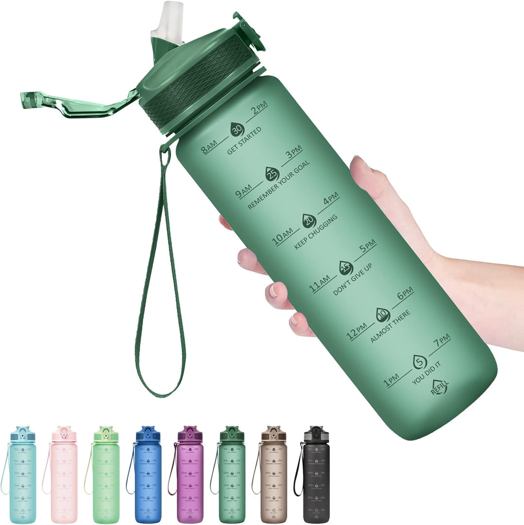"Motiverende 900ml drinkfles met tijdmarkeringen, lekvrije dop en rietje, BPA-vrij, perfect voor hydratatie en fitness."