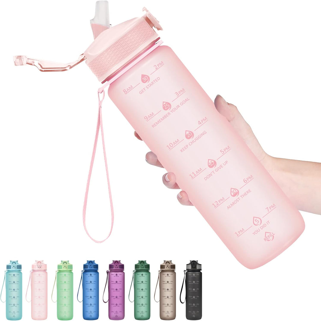 "Motiverende 900ml drinkfles met tijdmarkeringen, lekvrije dop en rietje, BPA-vrij, perfect voor hydratatie en fitness."