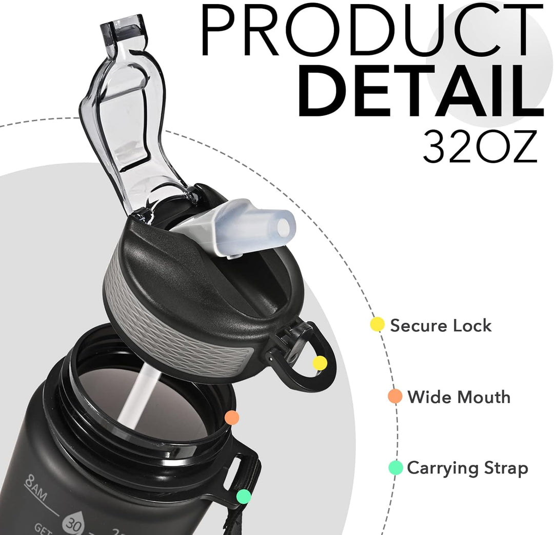 "Motiverende 900ml drinkfles met tijdmarkeringen, lekvrije dop en rietje, BPA-vrij, perfect voor hydratatie en fitness."