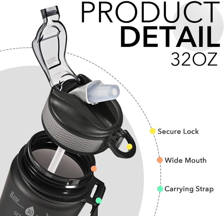 "Motiverende 900ml drinkfles met tijdmarkeringen, lekvrije dop en rietje, BPA-vrij, perfect voor hydratatie en fitness."