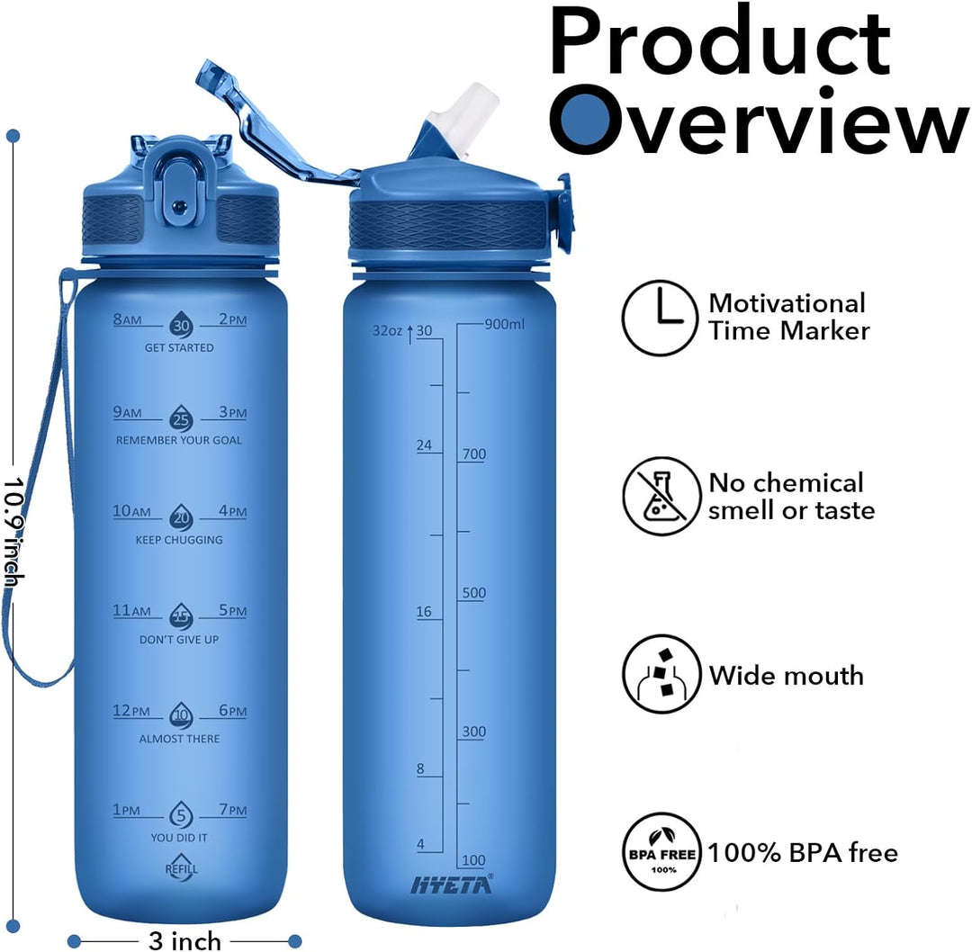 "Motiverende 900ml drinkfles met tijdmarkeringen, lekvrije dop en rietje, BPA-vrij, perfect voor hydratatie en fitness."