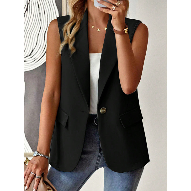 "Mouwloze blazer open voorzijde, vrouwelijke pasvorm, ademend, veelzijdig en stijlvol in een mix van polyester en viscose."