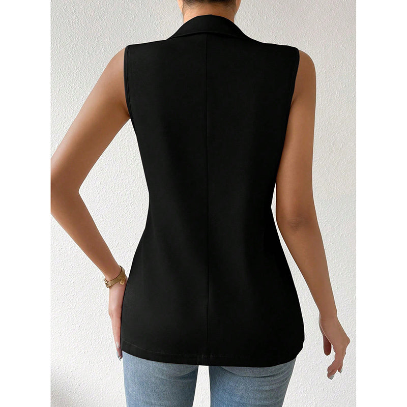 "Mouwloze blazer open voorzijde, vrouwelijke pasvorm, ademend, veelzijdig en stijlvol in een mix van polyester en viscose."