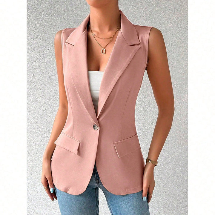 "Mouwloze blazer open voorzijde, vrouwelijke pasvorm, ademend, veelzijdig en stijlvol in een mix van polyester en viscose."