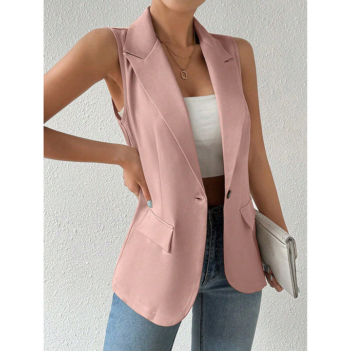 "Mouwloze blazer open voorzijde, vrouwelijke pasvorm, ademend, veelzijdig en stijlvol in een mix van polyester en viscose."