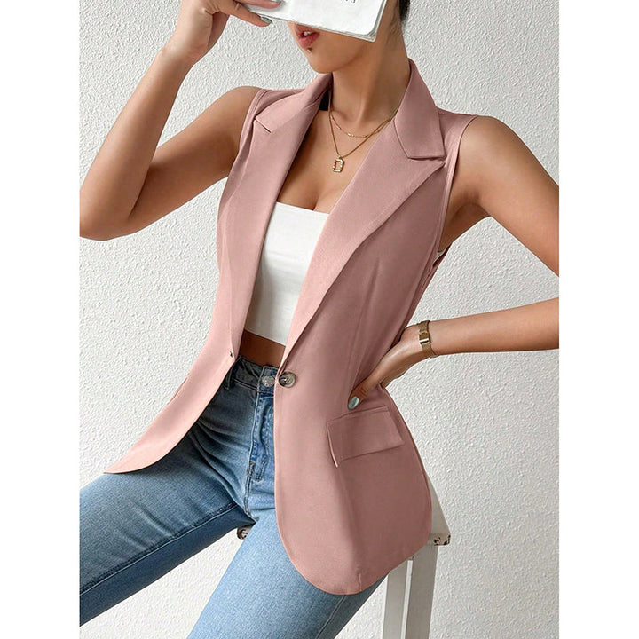 "Mouwloze blazer open voorzijde, vrouwelijke pasvorm, ademend, veelzijdig en stijlvol in een mix van polyester en viscose."