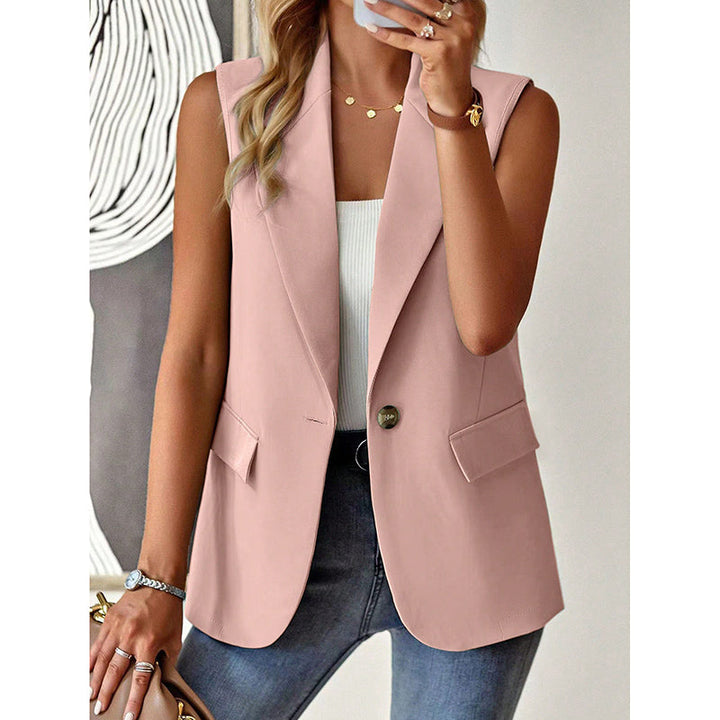 "Mouwloze blazer open voorzijde, vrouwelijke pasvorm, ademend, veelzijdig en stijlvol in een mix van polyester en viscose."