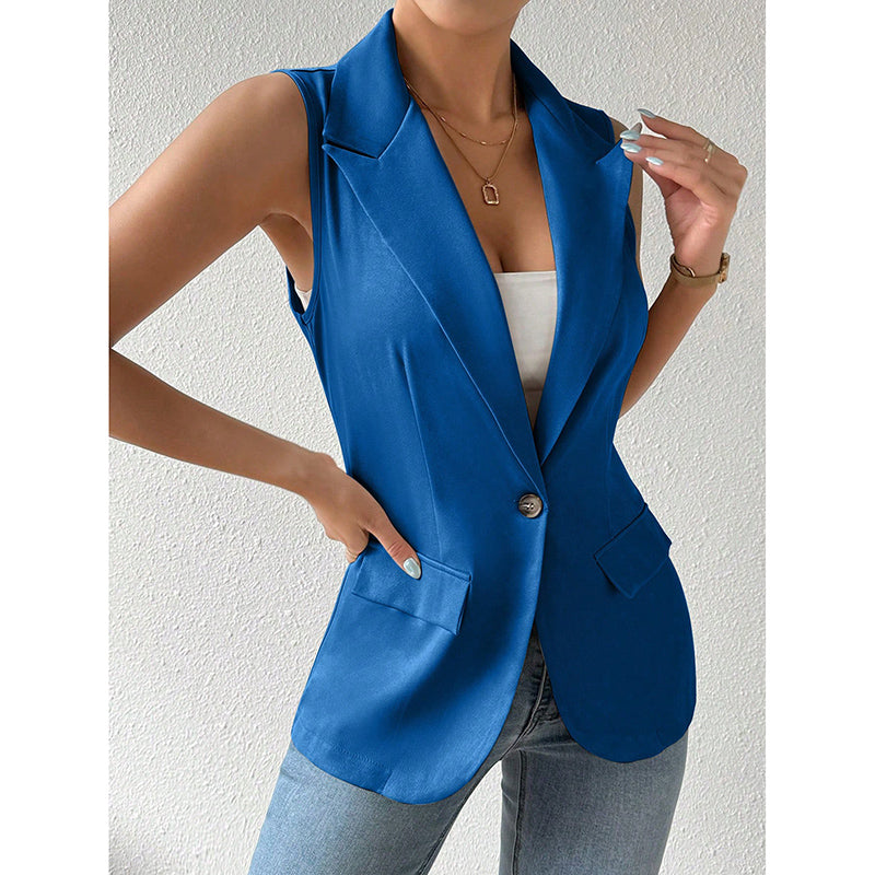 "Mouwloze blazer open voorzijde, vrouwelijke pasvorm, ademend, veelzijdig en stijlvol in een mix van polyester en viscose."